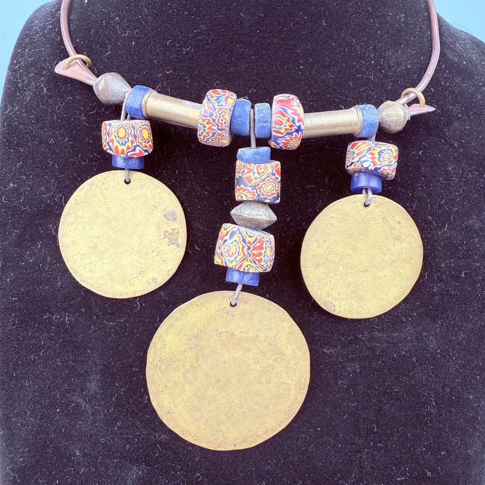 Vintage Artisan Brass Disc Necklace Polymer Clay Beads Boho Statement Indie Gift